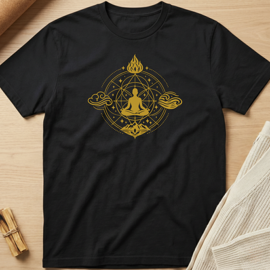 Black t-shirt with gold meditation design on a wooden surface. Minimalist yoga apparel by pemuyo.