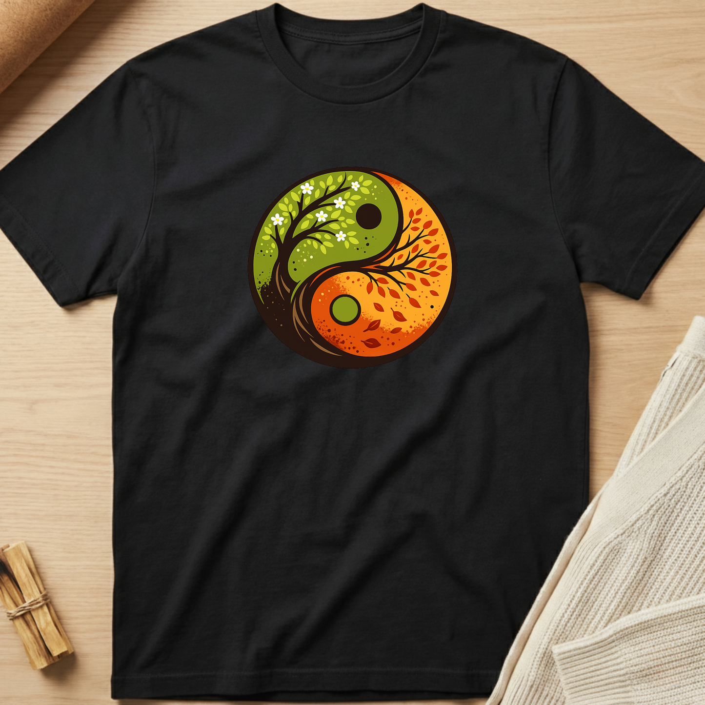 Black t-shirt with a yin yang design featuring trees on a wooden surface. Minimalist yoga apparel by pemuyo.