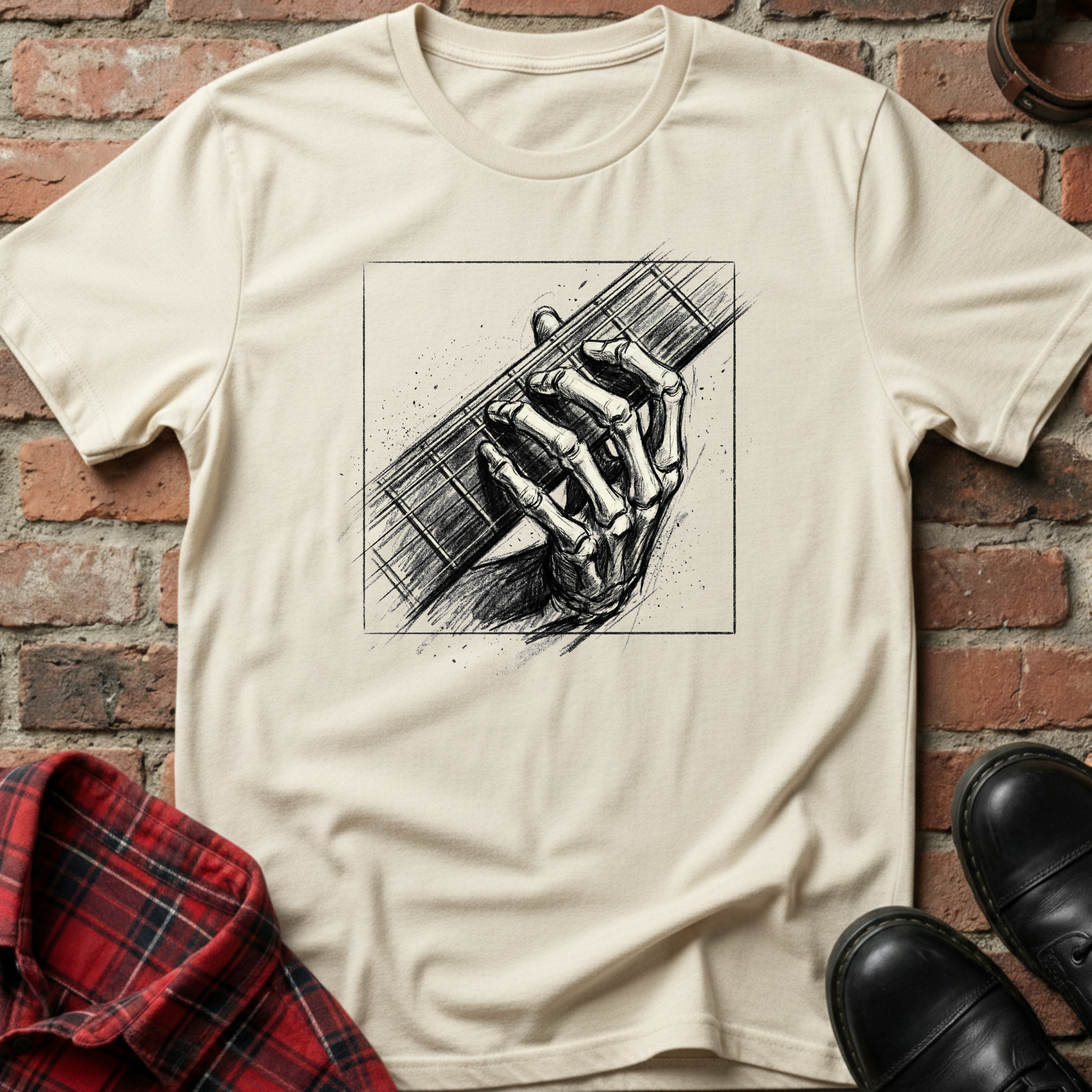 Beige t-shirt with a black and white graphic of a hand holding a guitar on a brick wall background. Minimalist music apparel by pemuyo.