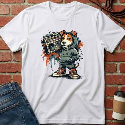 White t-shirt with a graphic of a dog in a hoodie holding a boombox against a brick wall. Minimalist dog apparel by pemuyo.