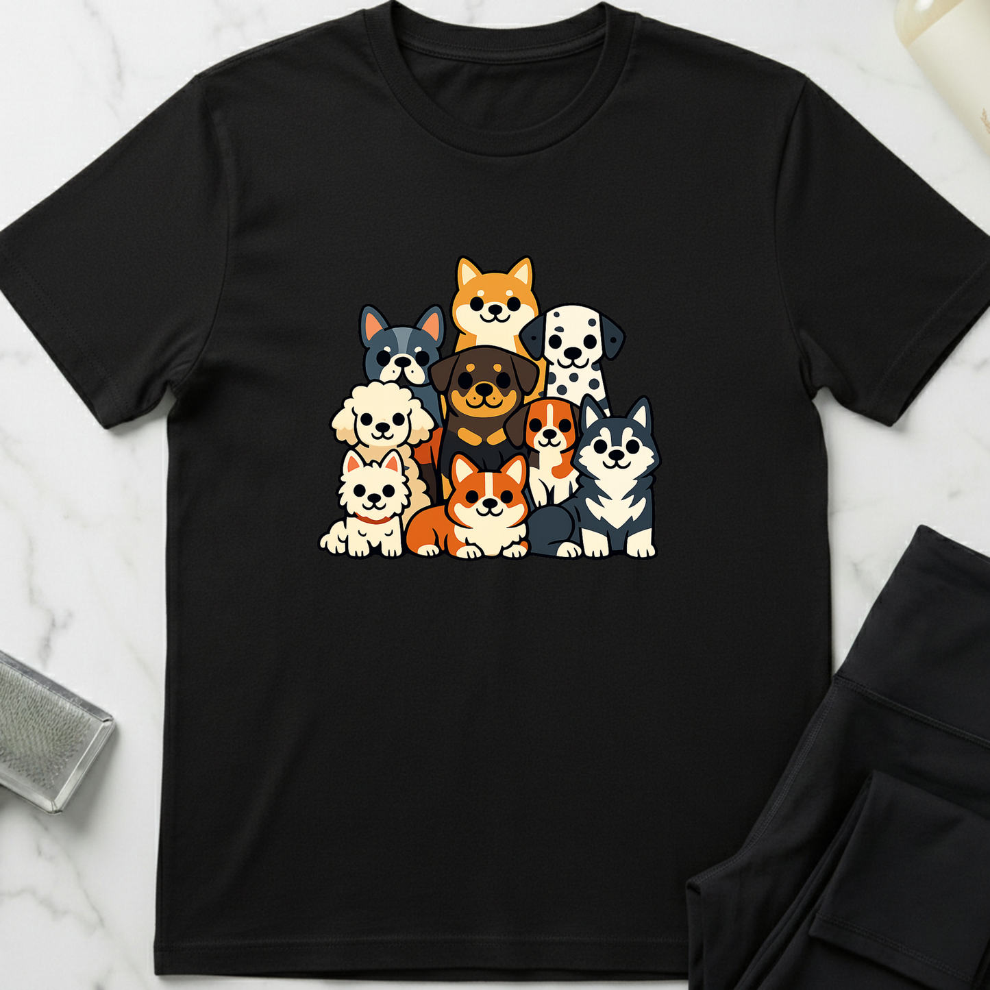 Black t-shirt with cartoon dog illustrations on a white marble surface. Minimalist dog apparel by pemuyo.
