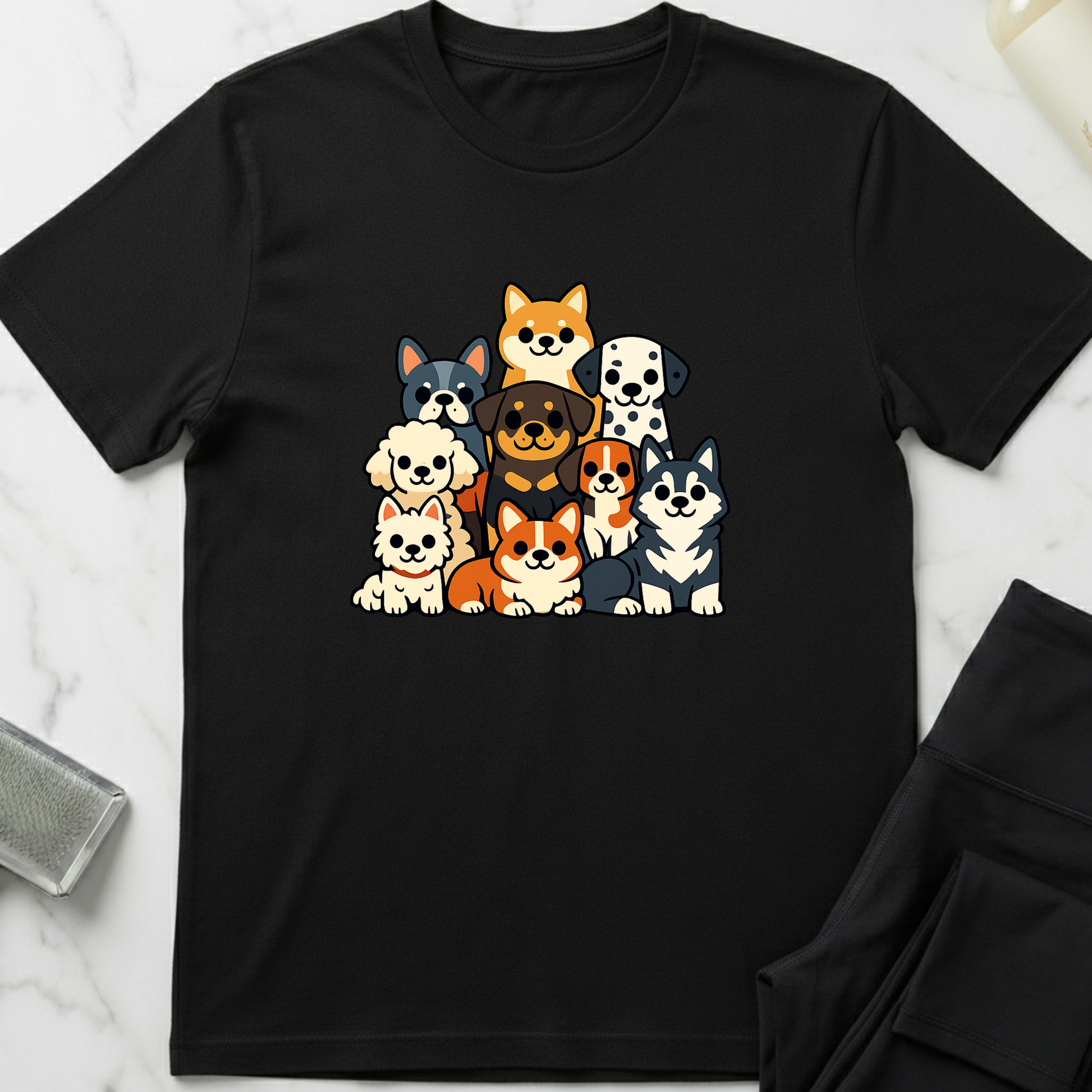 Black t-shirt with cartoon dog illustrations on a white marble surface. Minimalist dog apparel by pemuyo.