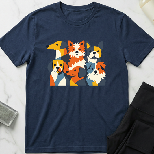 Navy blue t-shirt with colorful dog illustrations on a marble surface. Minimalist dog apparel by pemuyo.