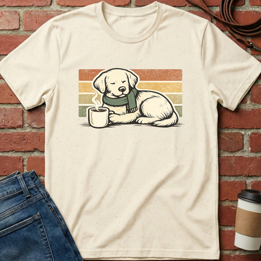 Beige t-shirt with a dog graphic on a brick wall background. Minimalist dog apparel by pemuyo.