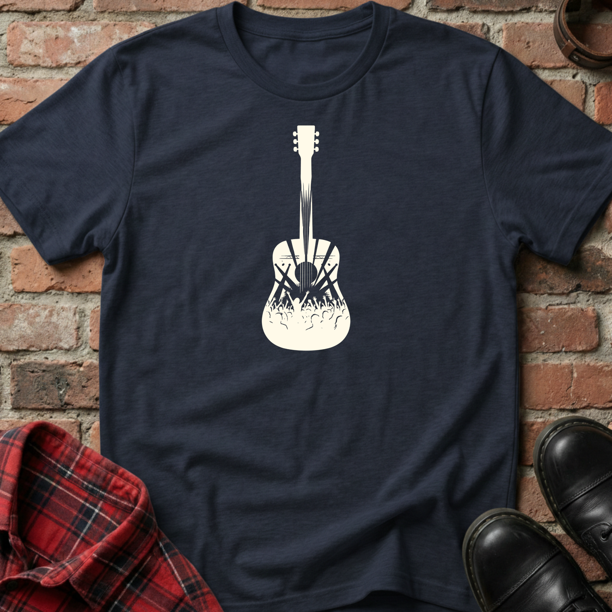 Navy blue t-shirt with white guitar graphic on a brick wall background. Minimalist music apparel by pemuyo.