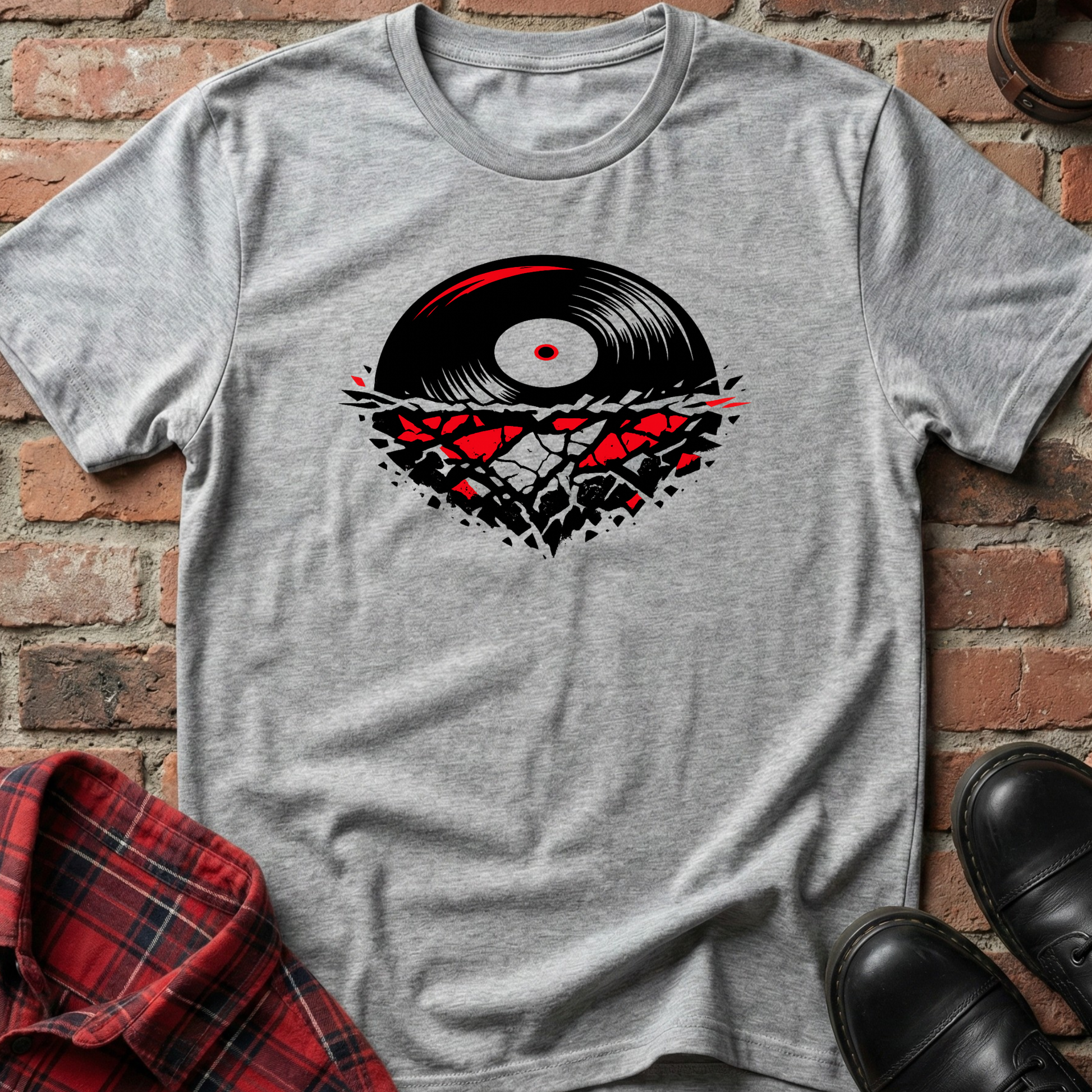 Gray t-shirt with vinyl record design on a brick wall background. Minimalist music apparel by pemuyo.