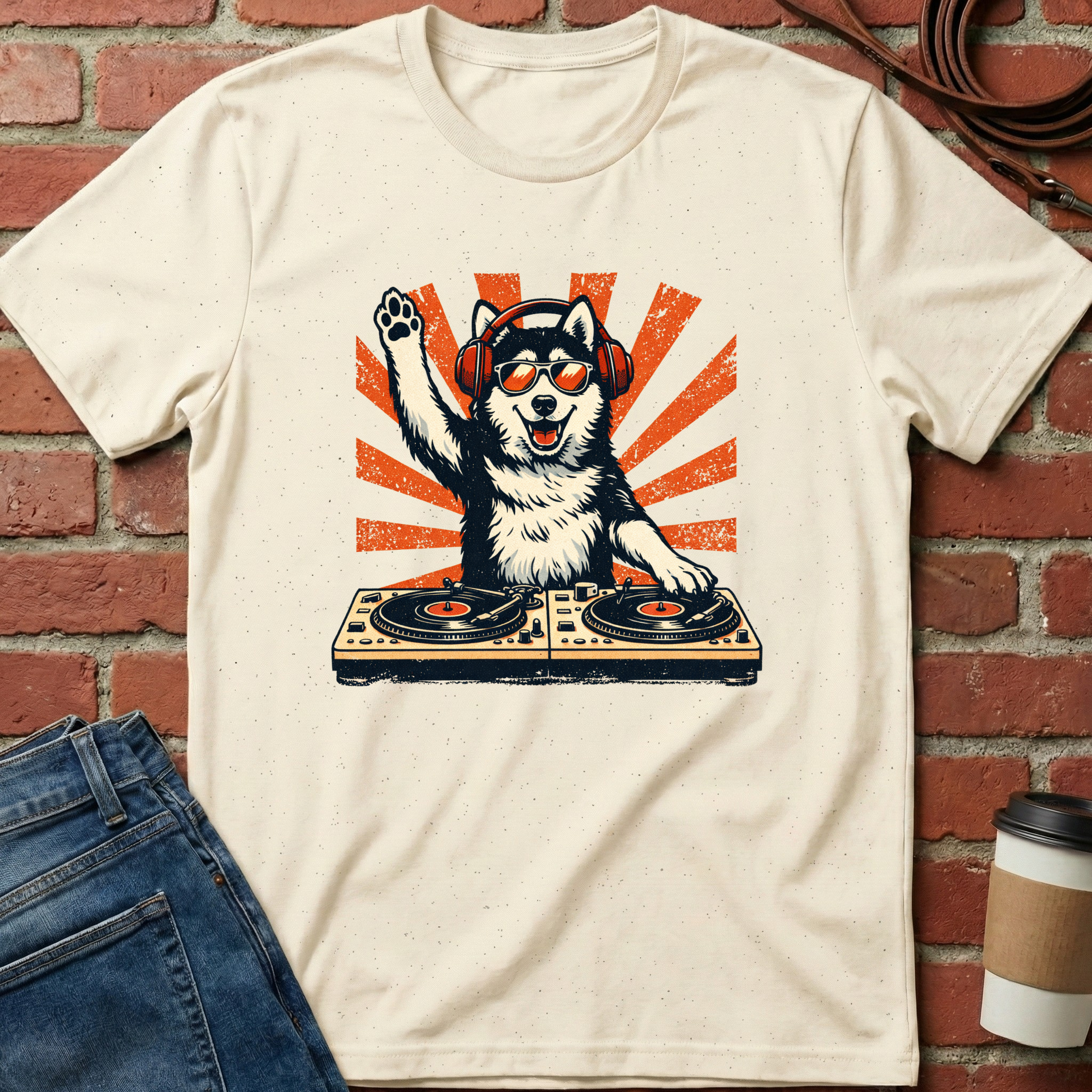 Beige t-shirt with a graphic of a dog on turntables against a brick wall. Minimalist dog apparel by pemuyo.