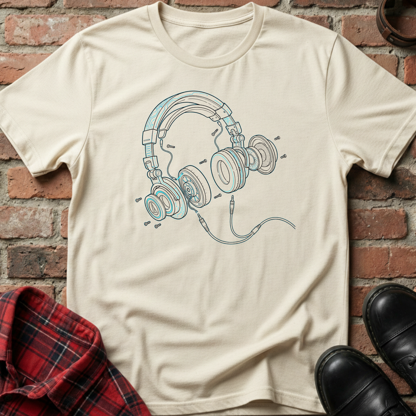 Beige t-shirt with a graphic of headphones on a brick wall background. Minimalist music apparel by pemuyo.