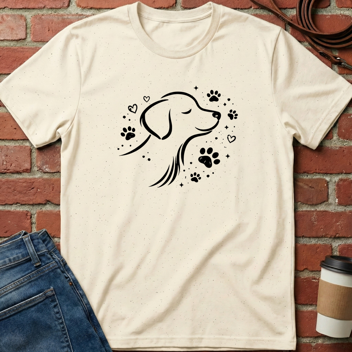 Beige t-shirt with a dog illustration and paw prints on a brick wall background. Minimalist dog apparel by pemuyo.