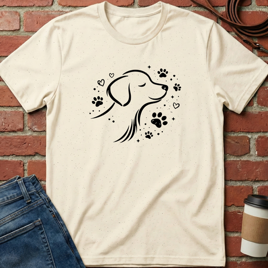Beige t-shirt with a dog illustration and paw prints on a brick wall background. Minimalist dog apparel by pemuyo.