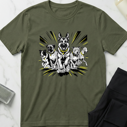Green t-shirt with a graphic of four dogs on a white marble surface. Minimalist dog apparel by pemuyo.
