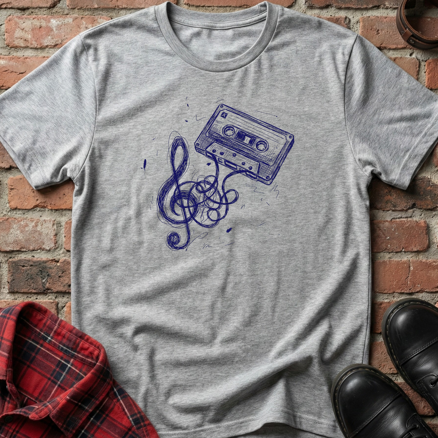 Gray t-shirt with blue cassette tape and music note design on a brick surface. Minimalist music apparel by pemuyo.