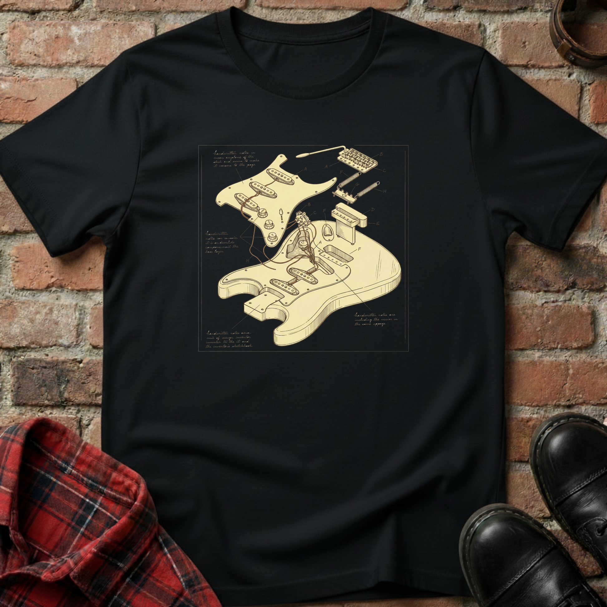 Black t-shirt with a graphic design on a brick wall background. Minimalist music apparel by pemuyo.