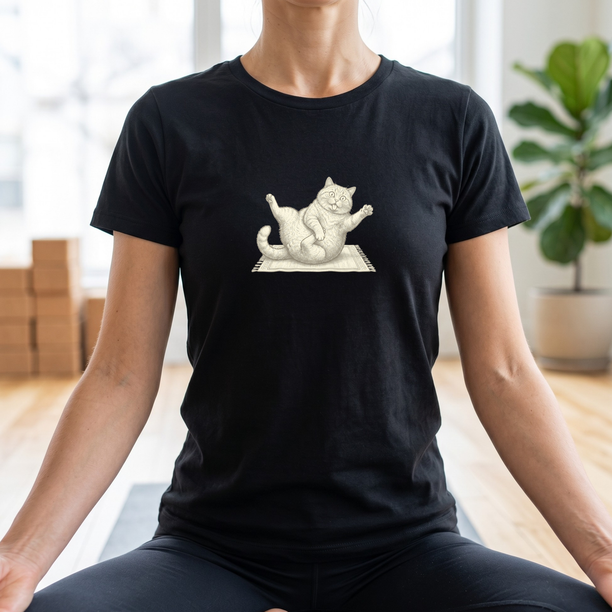 Black & White Clumsy Yoga Cat T-Shirt