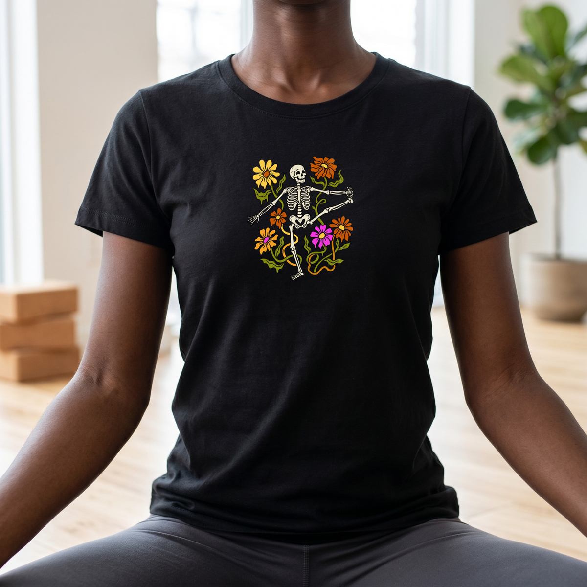 Retro Floral Yoga Skeleton T-Shirt