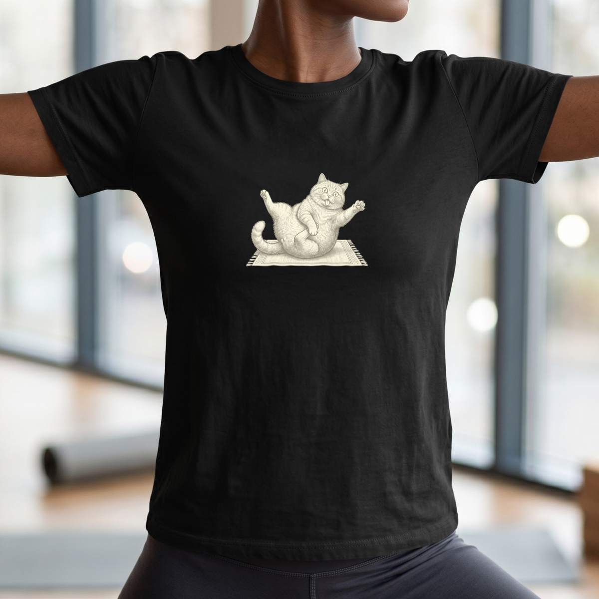 Black & White Clumsy Yoga Cat T-Shirt
