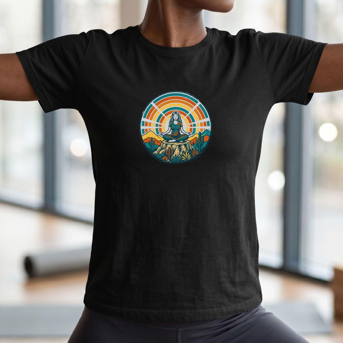 Retro Sunset Desert Yoga Pose T-Shirt