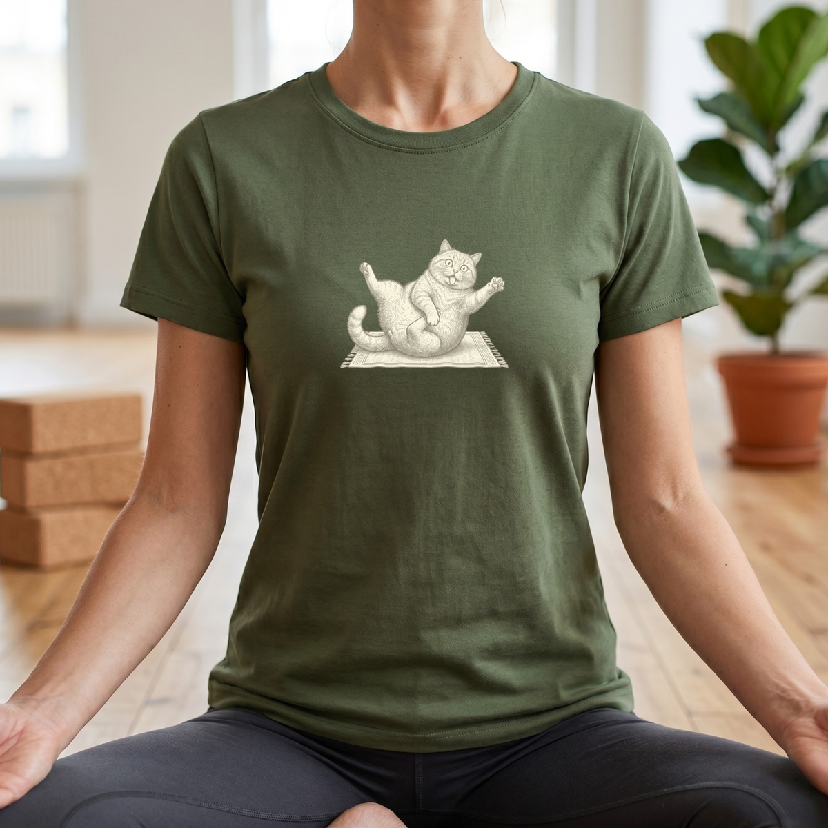 Black & White Clumsy Yoga Cat T-Shirt