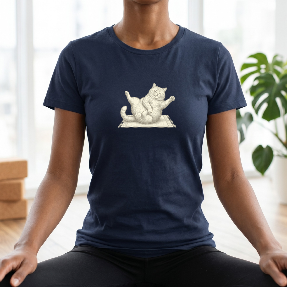 Black & White Clumsy Yoga Cat T-Shirt