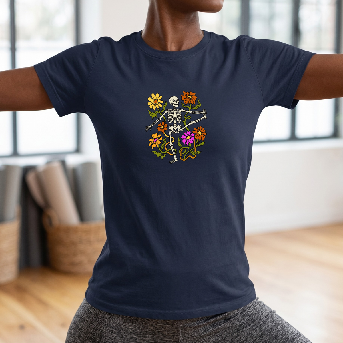 Retro Floral Yoga Skeleton T-Shirt
