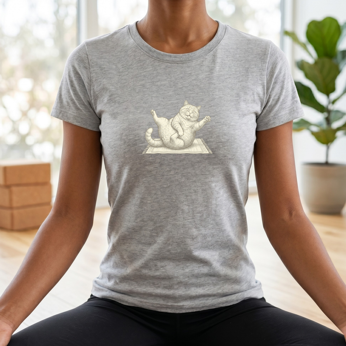 Black & White Clumsy Yoga Cat T-Shirt
