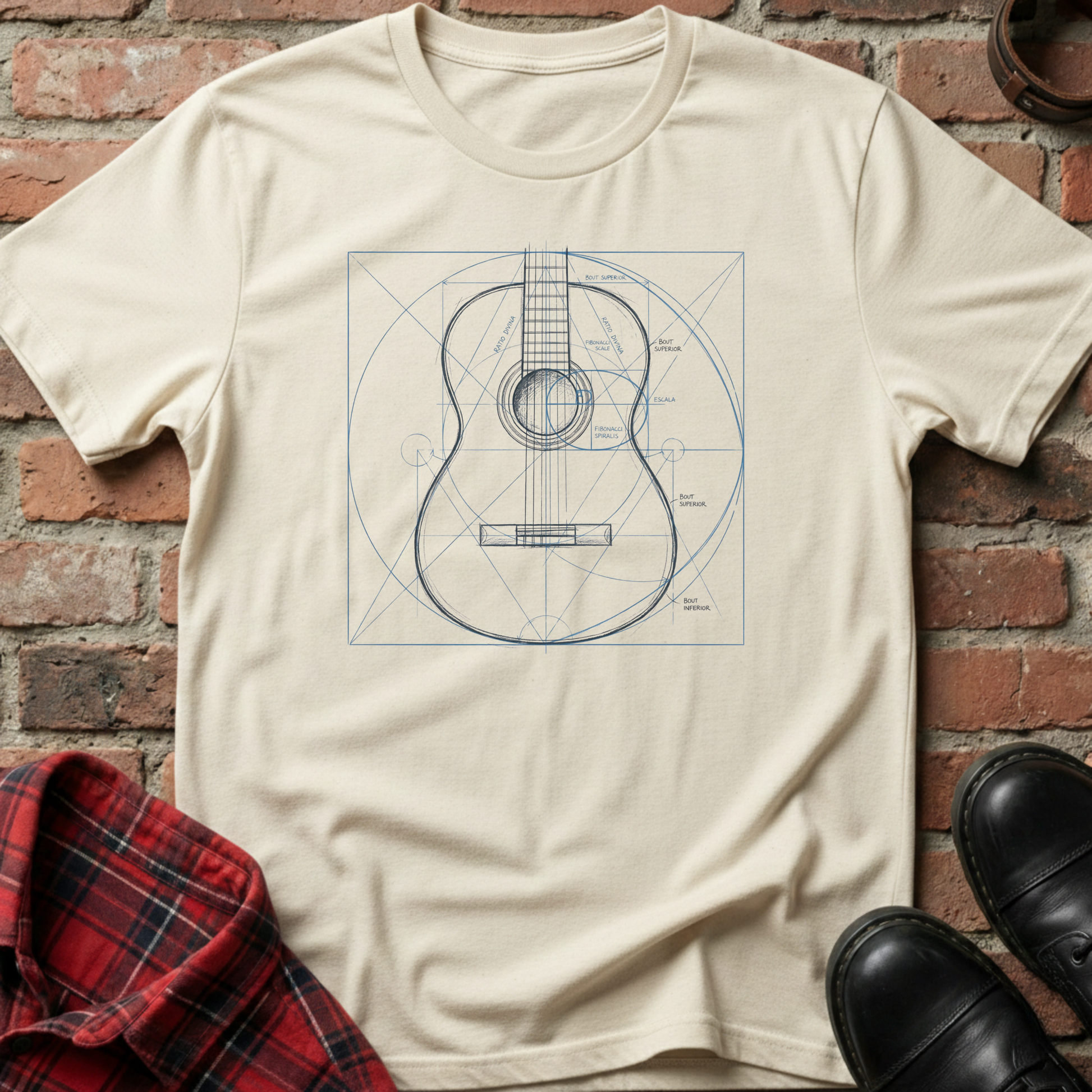 Beige t-shirt with guitar blueprint design on a brick wall background. Minimalist music apparel by pemuyo.