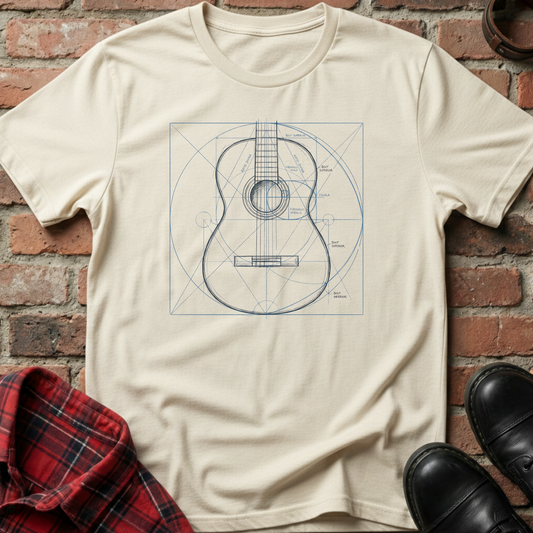 Beige t-shirt with guitar blueprint design on a brick wall background. Minimalist music apparel by pemuyo.