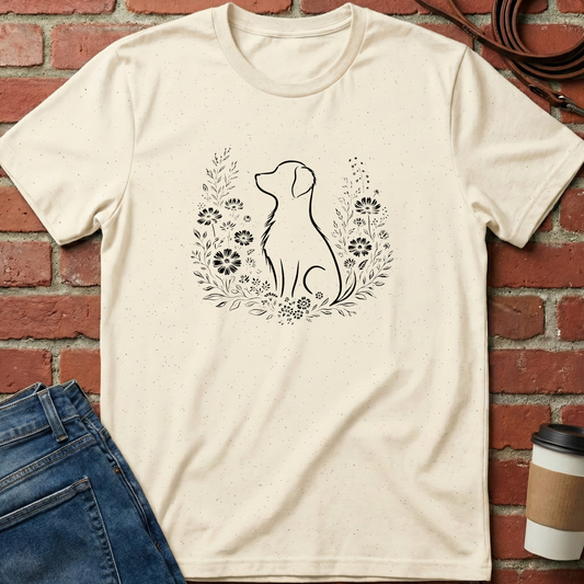 Beige t-shirt with a dog and floral design on a brick wall background. Minimalist dog apparel by pemuyo.