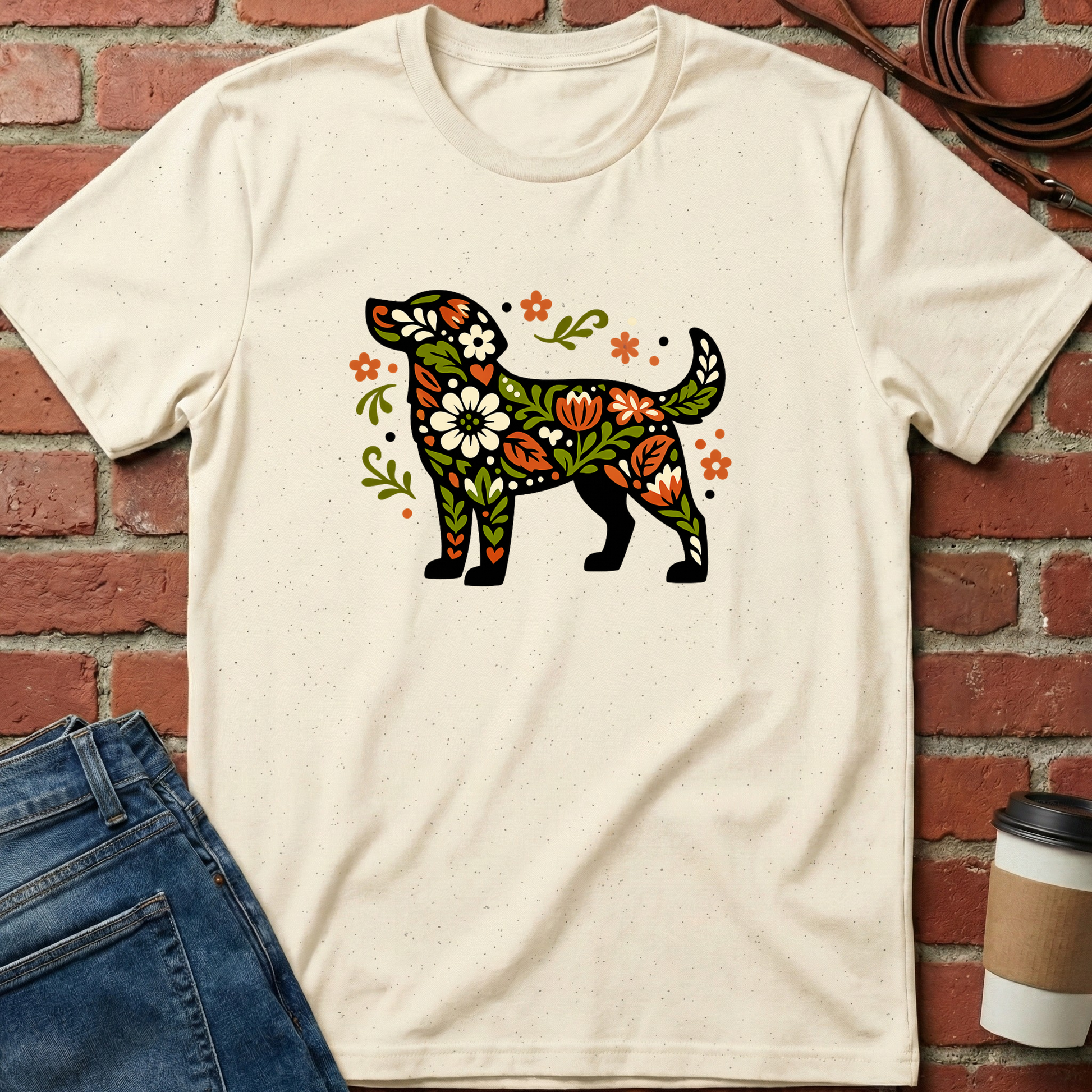 Beige t-shirt with a colorful dog design on a brick wall background. Minimalist dog apparel by pemuyo.