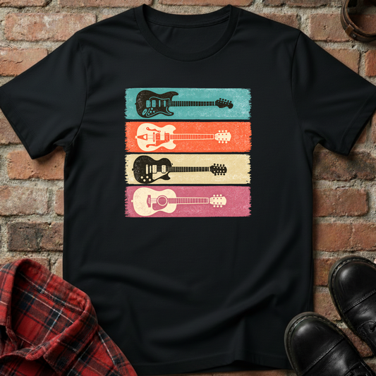 Black t-shirt with guitar design on a brick wall background. Minimalist music apparel by pemuyo.