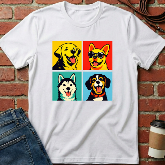 White t-shirt with dog graphic design on a brick wall background. Minimalist dog apparel by pemuyo.