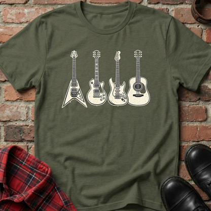 Green t-shirt with guitar designs on a brick wall background. Minimalist music apparel by pemuyo.