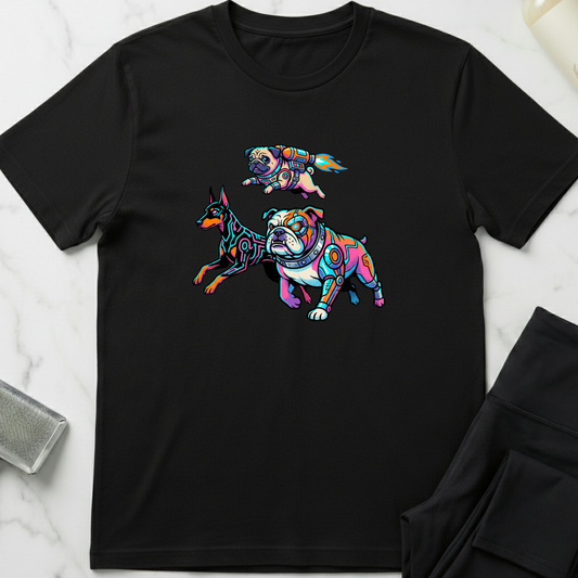 Black t-shirt with colorful dog illustrations on a marble surface. Minimalist dog apparel by pemuyo.