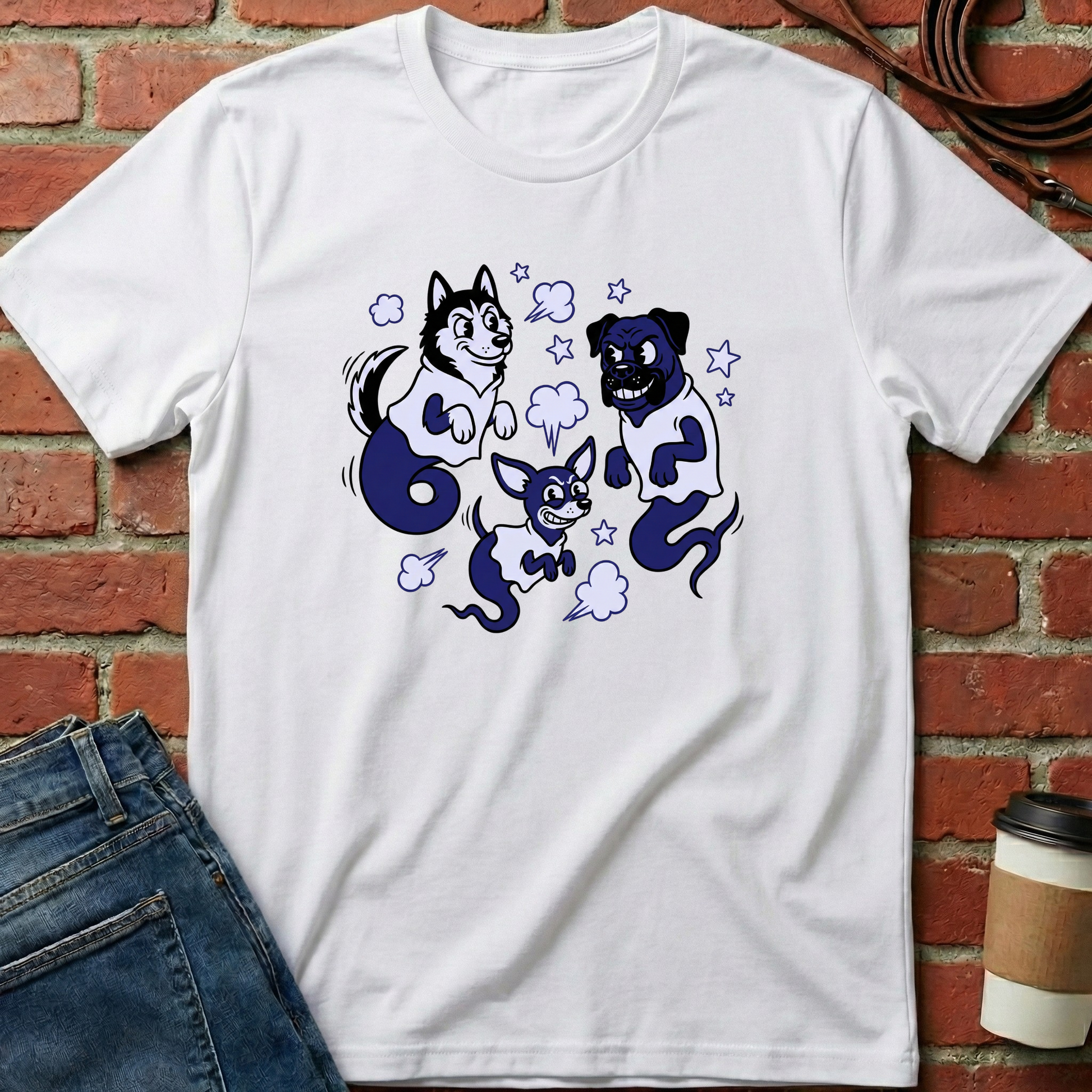White t-shirt with cartoon dog design on a brick wall background. Minimalist dog apparel by pemuyo.