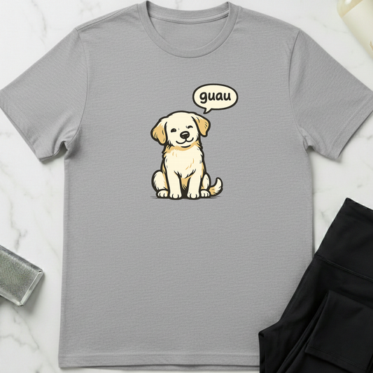 Gray t-shirt with a cartoon dog and speech bubble on a marble surface. Minimalist dog apparel by pemuyo.