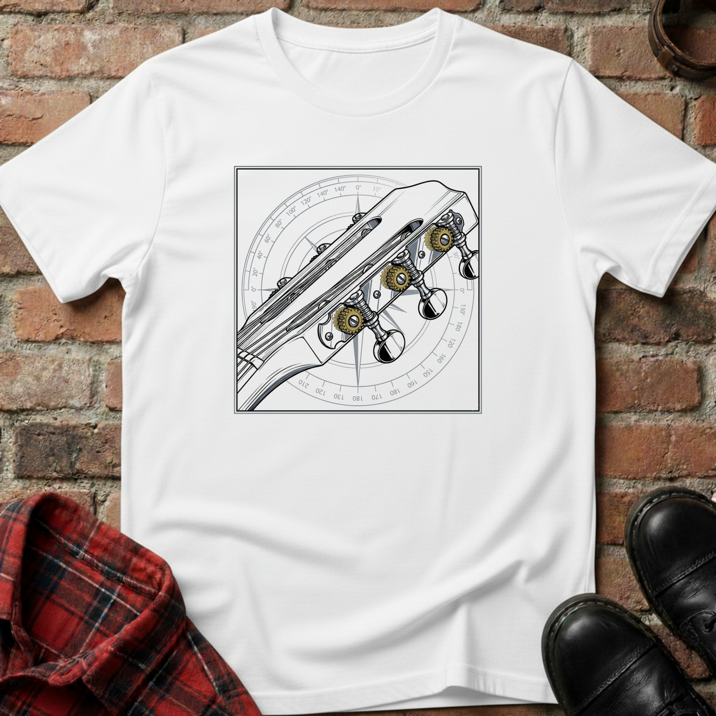 White t-shirt with guitar headstock design on a brick surfaceguitar-detailed-headstock-t-shirt
