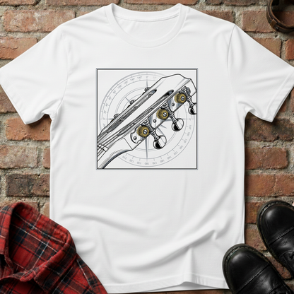 White t-shirt with guitar headstock design on a brick surfaceguitar-detailed-headstock-t-shirt