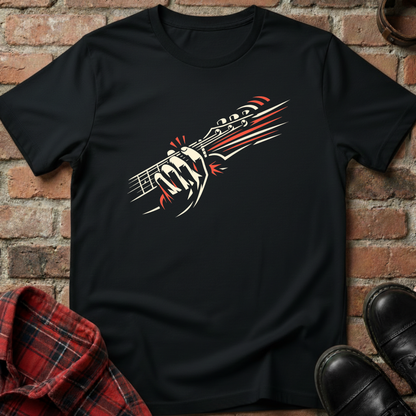 Black t-shirt with a graphic design of a gun on a brick wall background. Minimalist music apparel by pemuyo.