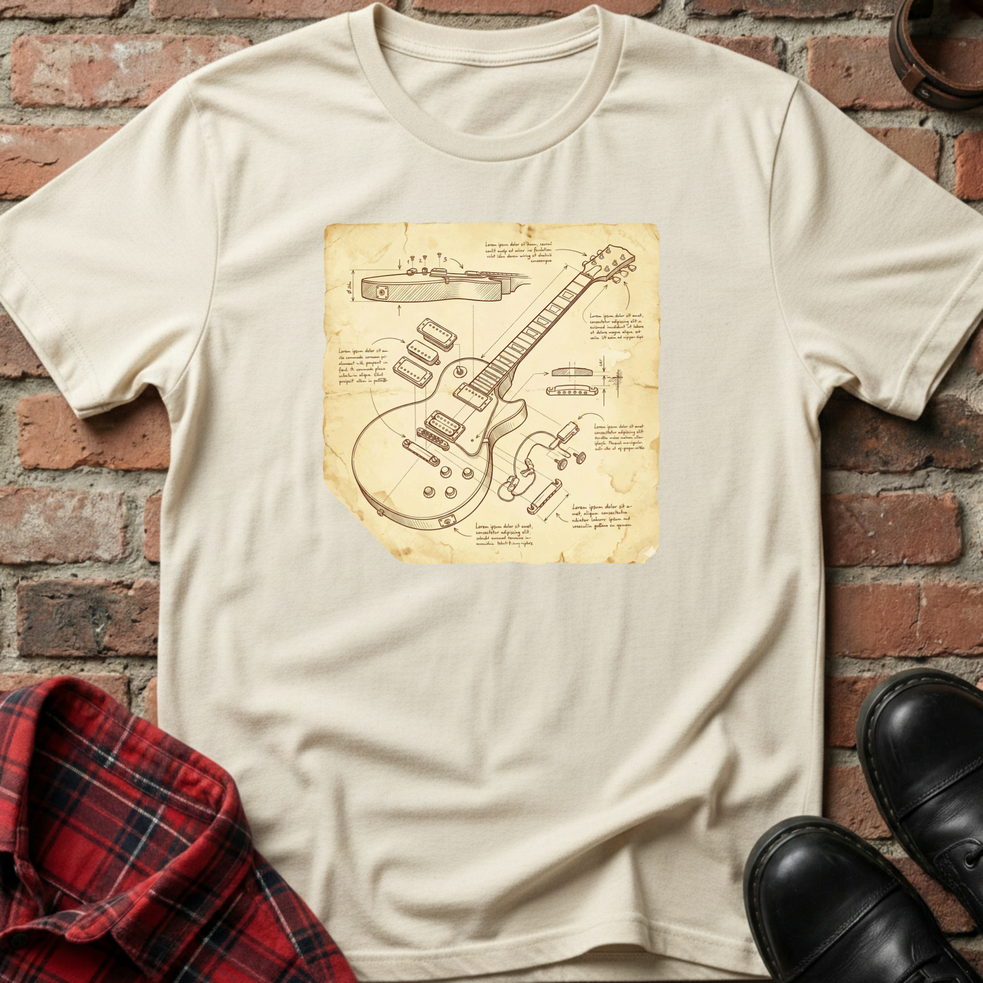 Beige t-shirt with a guitar blueprint graphic against a brick wall. Minimalist music apparel by pemuyo.