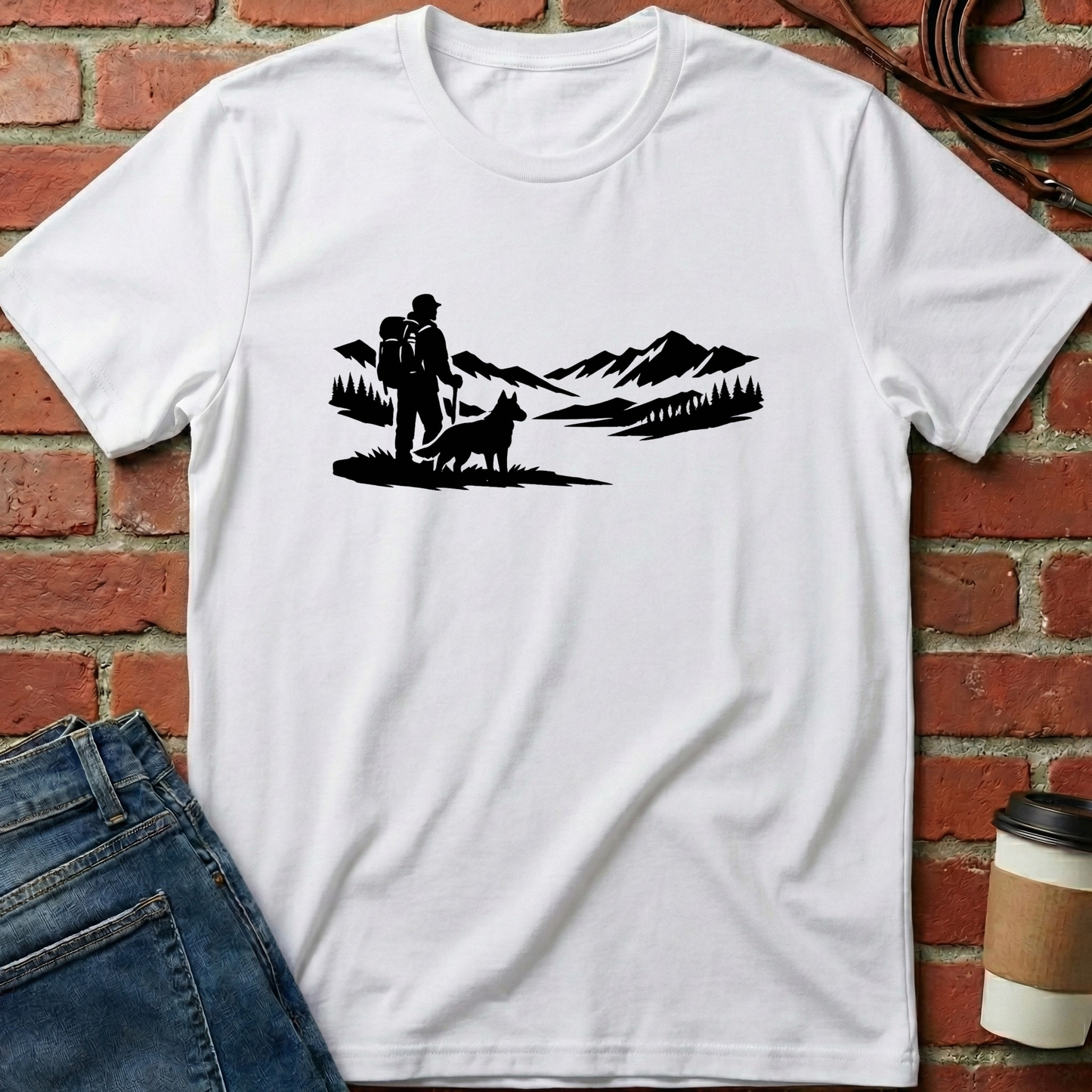 White t-shirt with black graphic design of a couple and dog against a mountainous landscape, placed on a brick surface. Minimalist dog apparel by pemuyo.