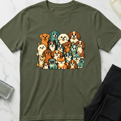 Green t-shirt with colorful dog illustrations on a white marble surface. Minimalist dog apparel by pemuyo.