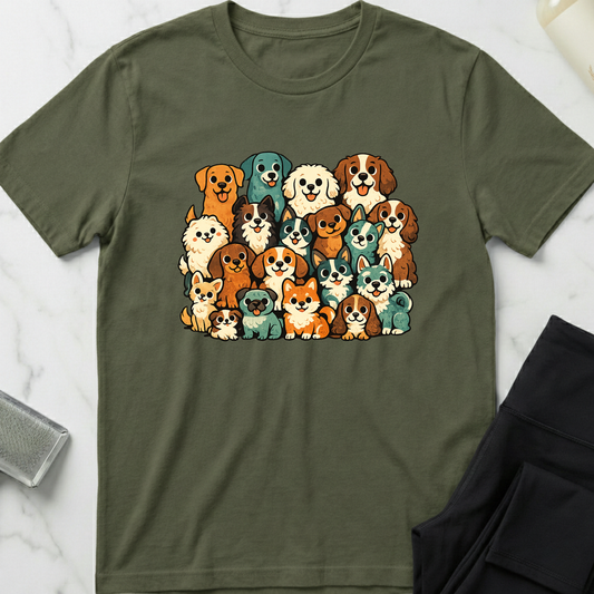 Green t-shirt with colorful dog illustrations on a white marble surface. Minimalist dog apparel by pemuyo.