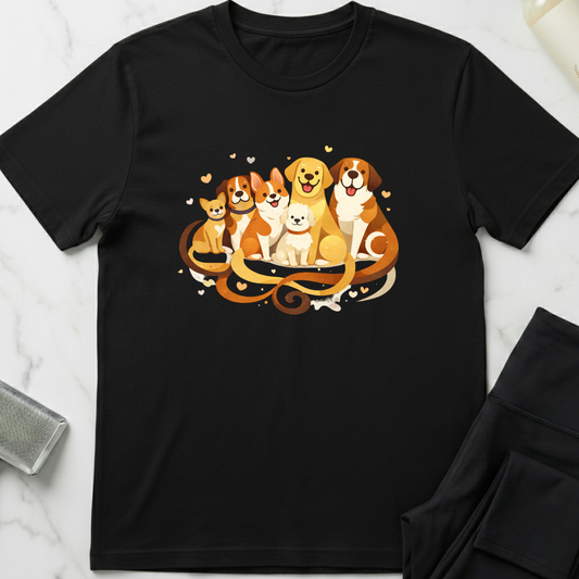 Black t-shirt with a colorful graphic of dogs on a white marble surface. Minimalist dog apparel by pemuyo.