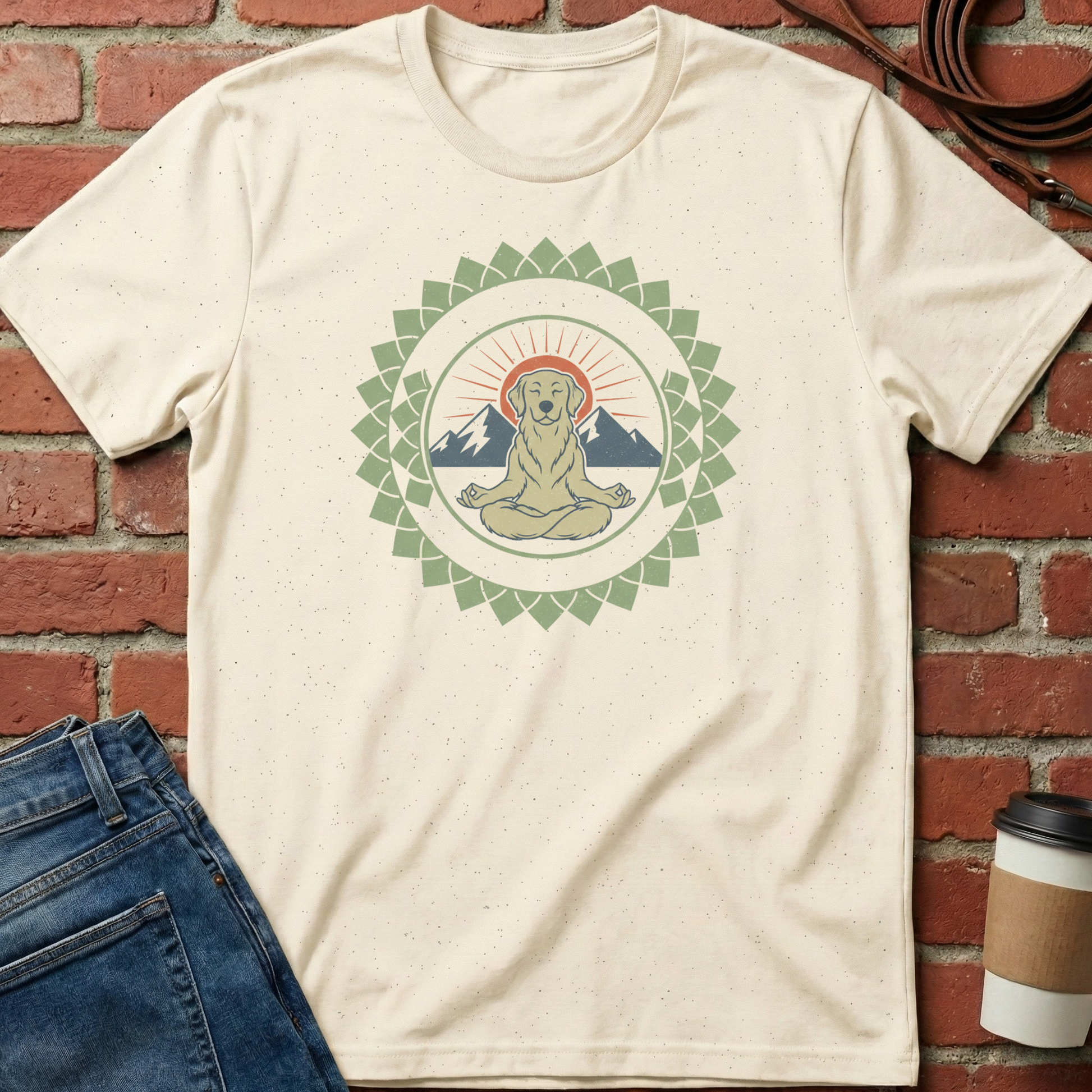 Beige t-shirt with a graphic design of a meditating dog in a circle, placed against a brick wall with jeans and a coffee cup. Minimalist yoga apparel by pemuyo.