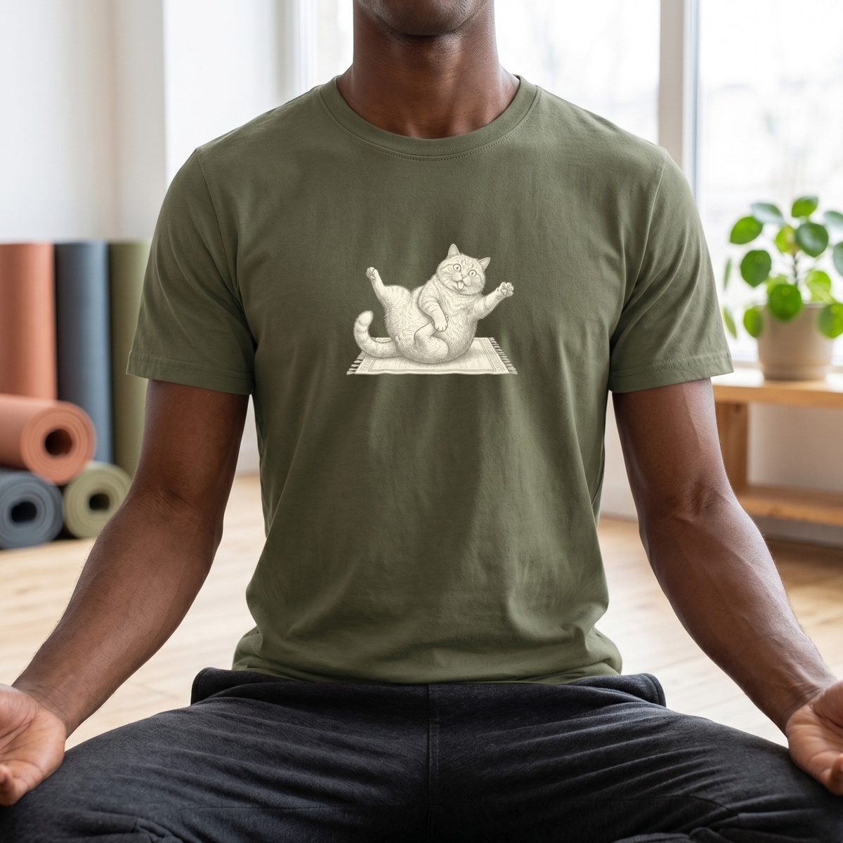 Black & White Clumsy Yoga Cat T-Shirt
