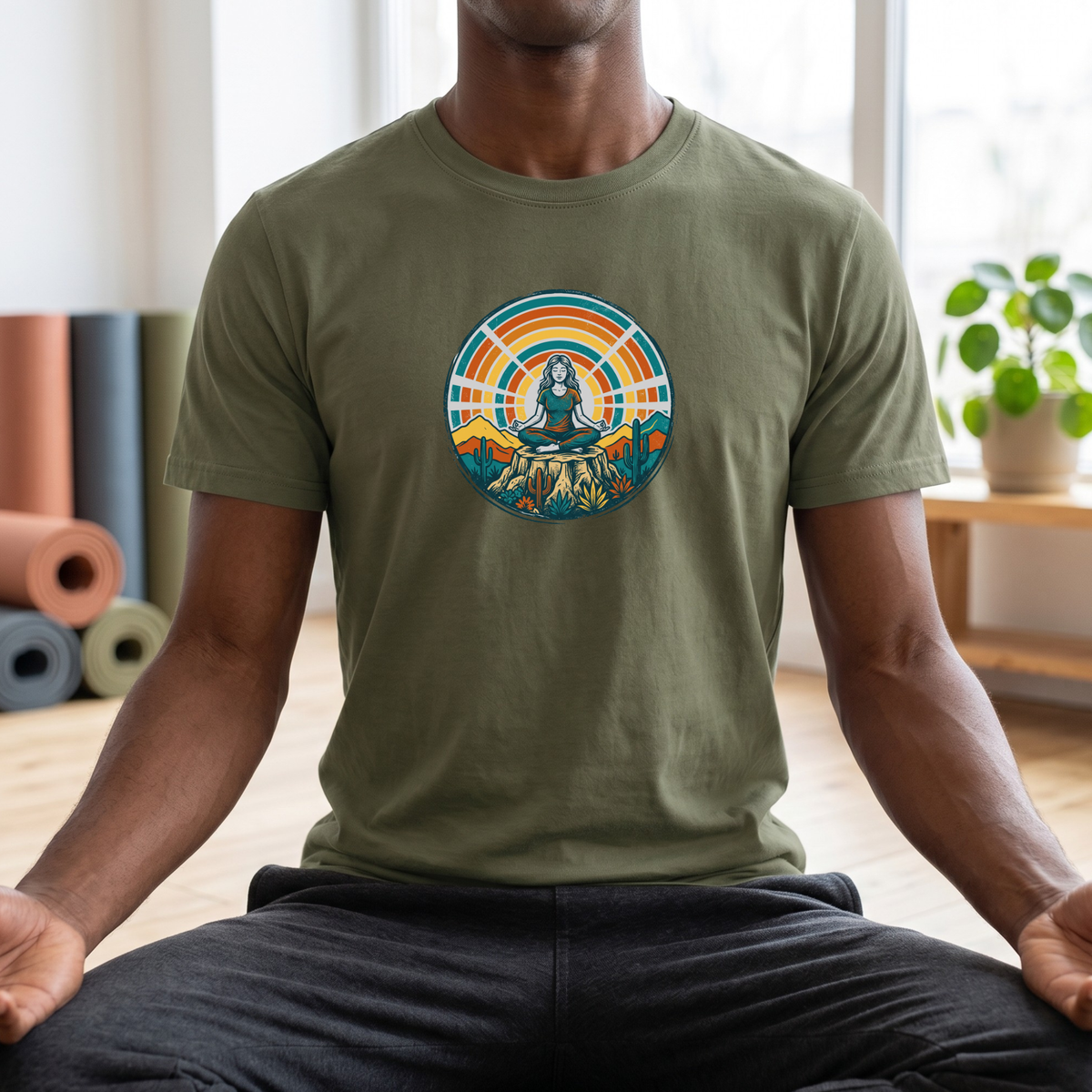 Retro Sunset Desert Yoga Pose T-Shirt