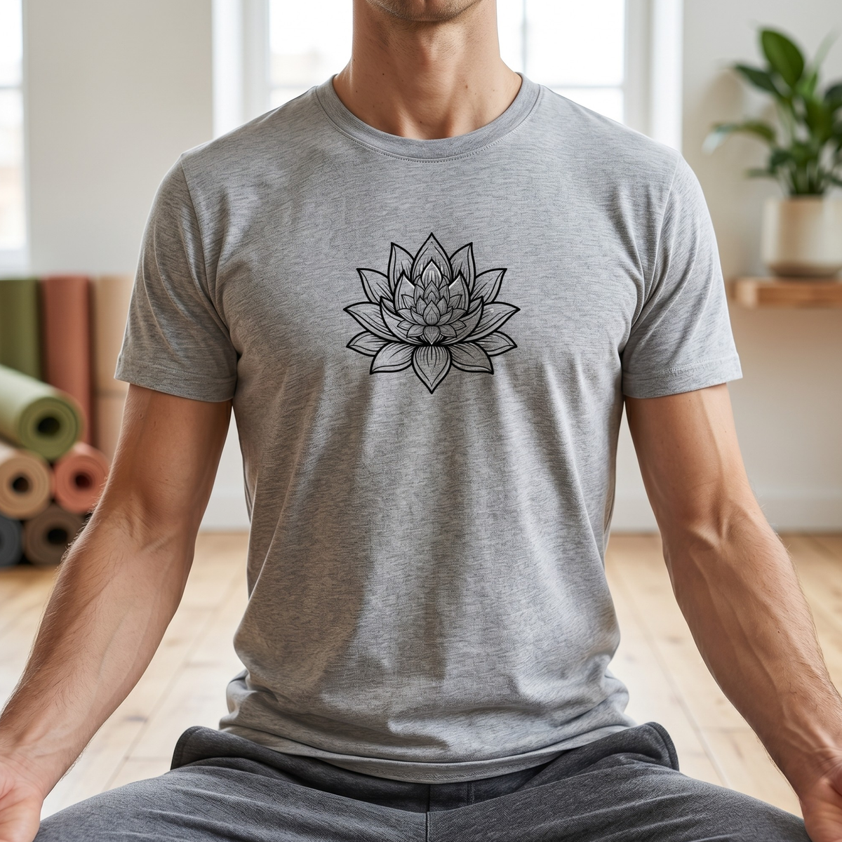Monochrome Zen Lotus Flower T-Shirt