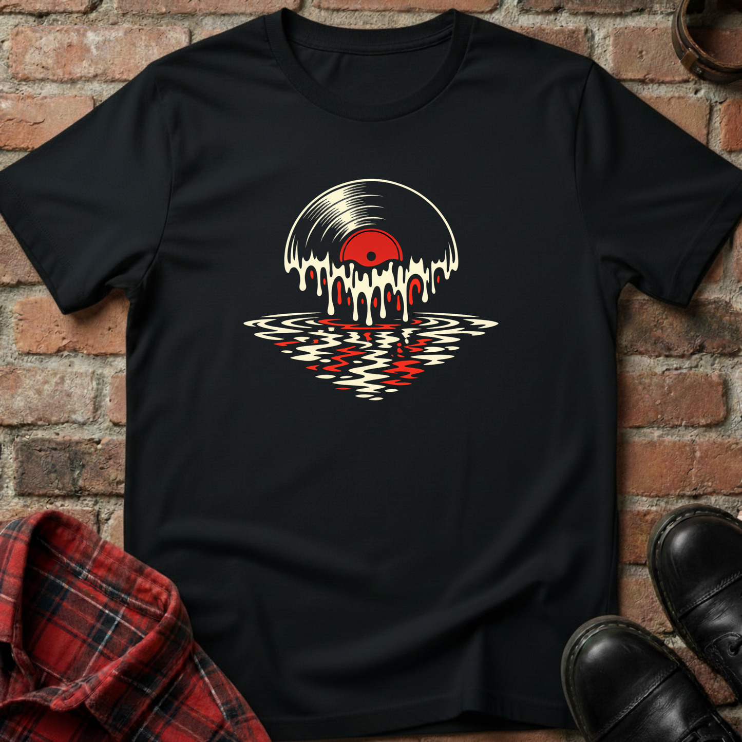 Black t-shirt with vinyl record design on a brick wall background. Minimalist music apparel by pemuyo.