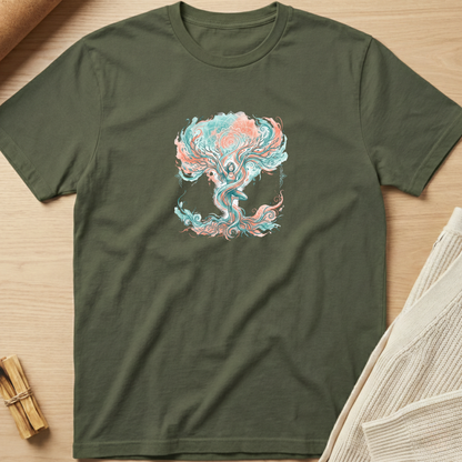 An olive green crewneck t-shirt featuring a colorful psychedelic tree of life graphic in teal and pink, laid flat on a light wood background with styled props. Minimalist yoga apparel by pemuyo.