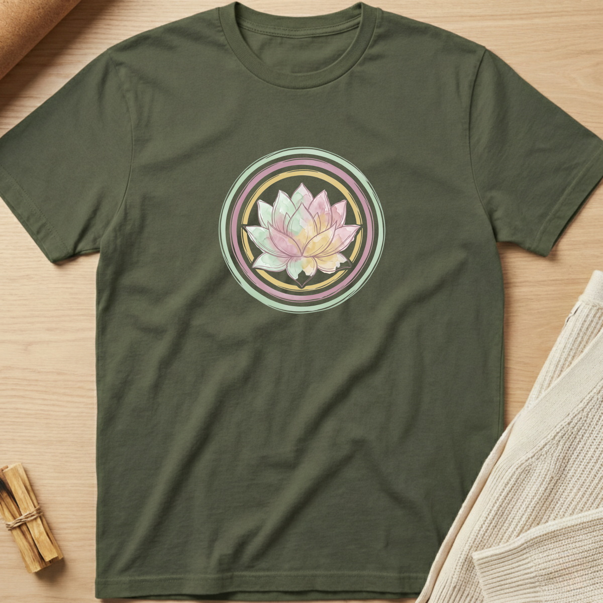 An olive green short-sleeve t-shirt with a circular lotus flower graphic on the chest, laid flat on a light wood background with styled props. Minimalist yoga apparel by pemuyo.